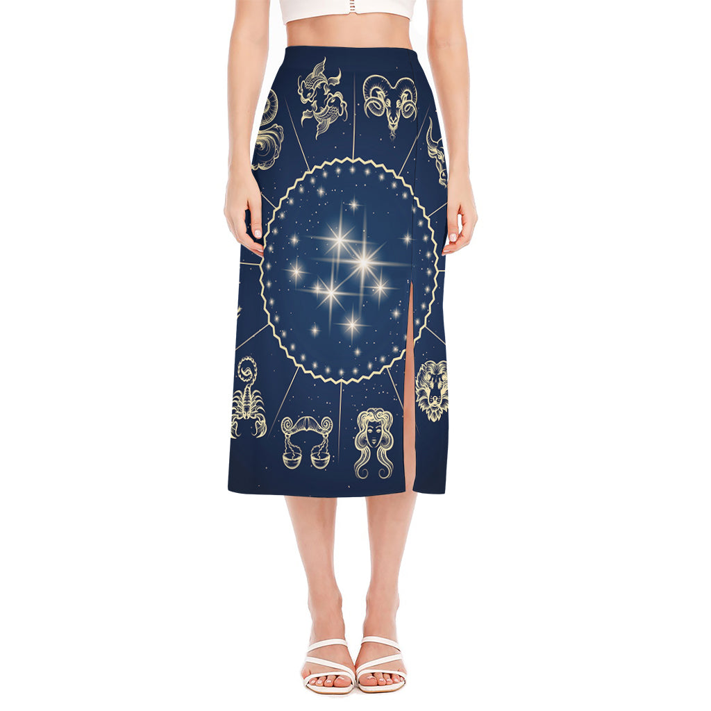 Zodiac Astrology Symbols Print Side Slit Midi Skirt