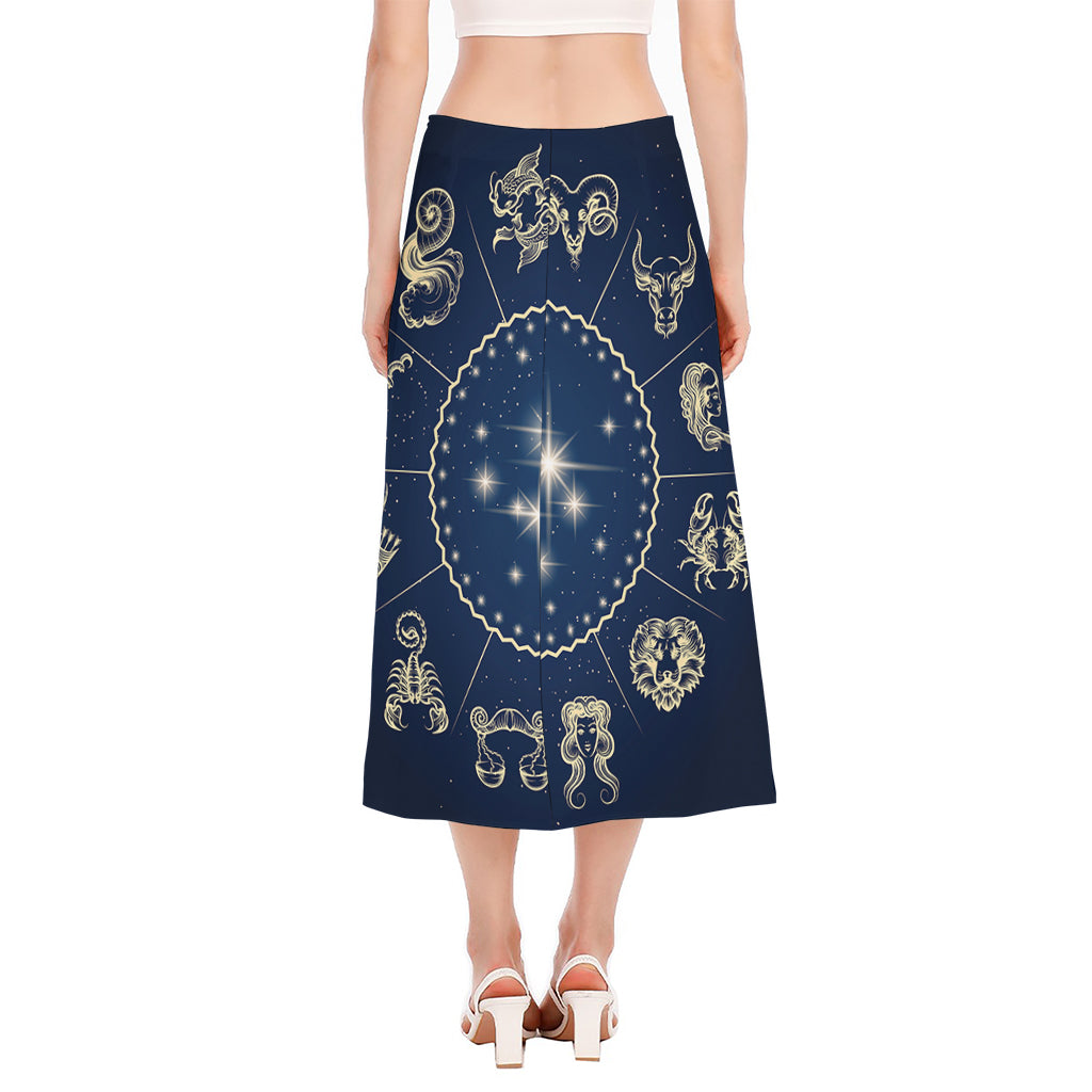 Zodiac Astrology Symbols Print Side Slit Midi Skirt