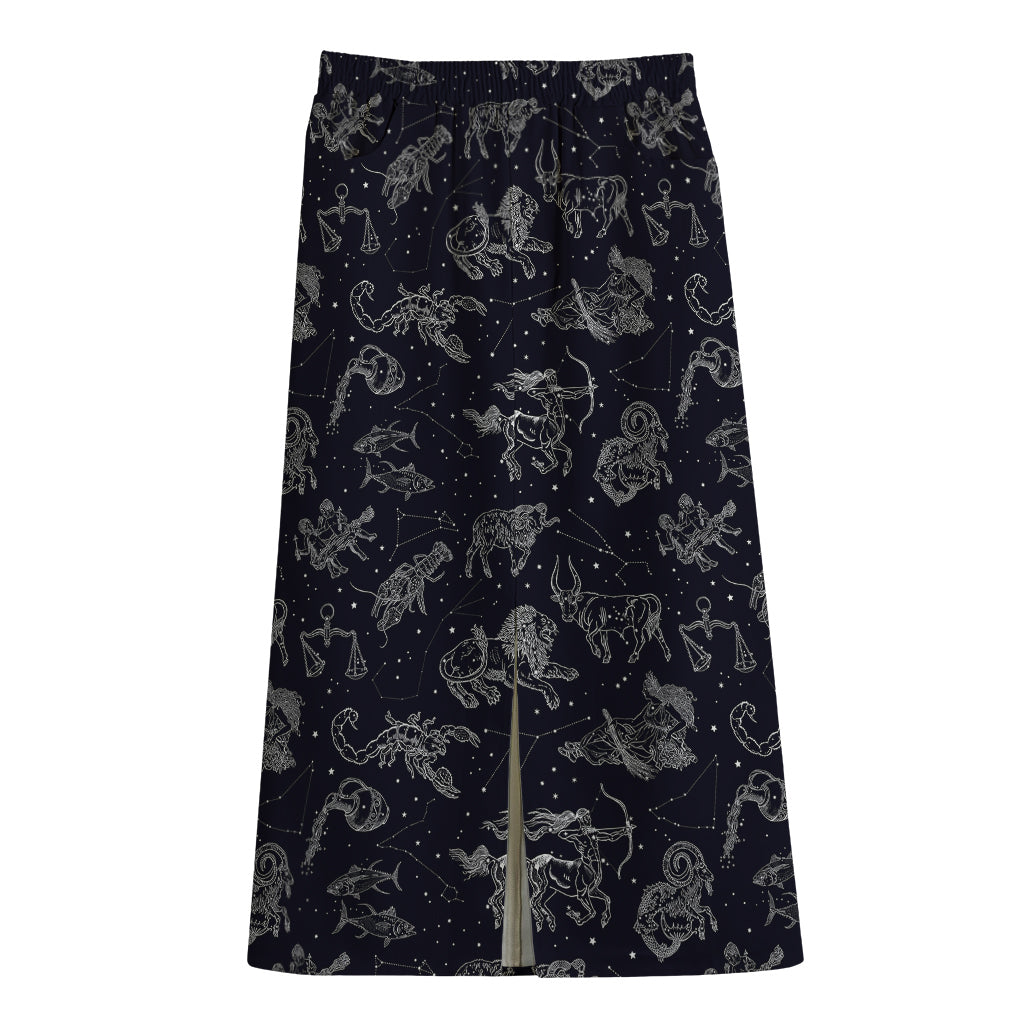 Zodiac Constellation Pattern Print Cotton Front Slit Maxi Skirt