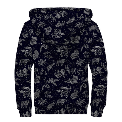 Zodiac Constellation Pattern Print Sherpa Lined Zip Up Hoodie
