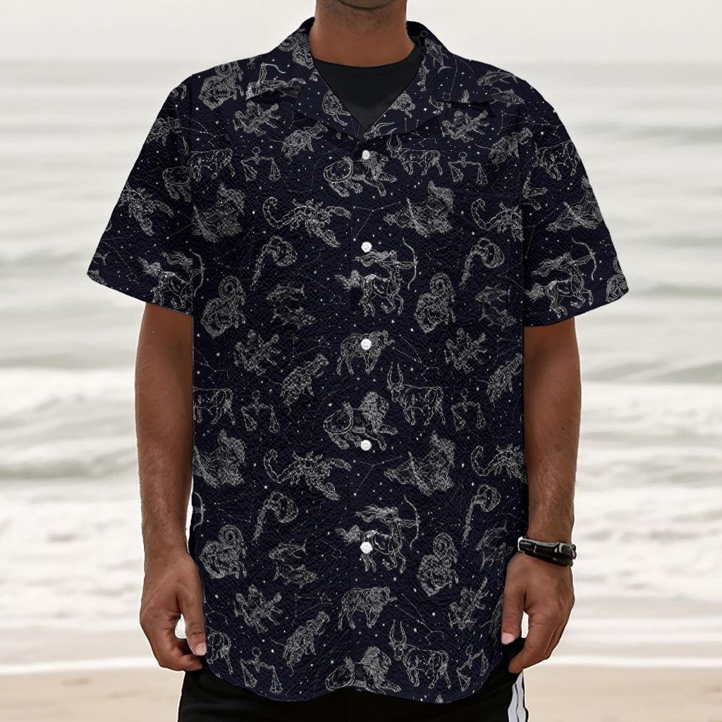 Zodiac Constellation Pattern Print Textured Short Sleeve Shirt