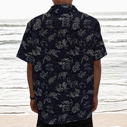 Zodiac Constellation Pattern Print Textured Short Sleeve Shirt