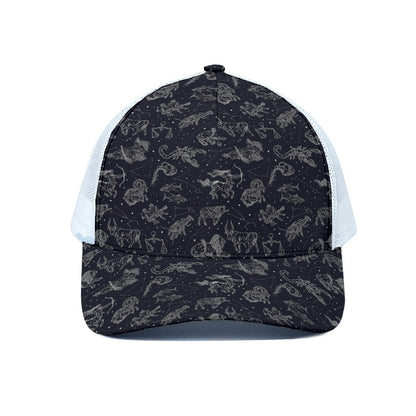 Zodiac Constellation Pattern Print White Mesh Trucker Cap