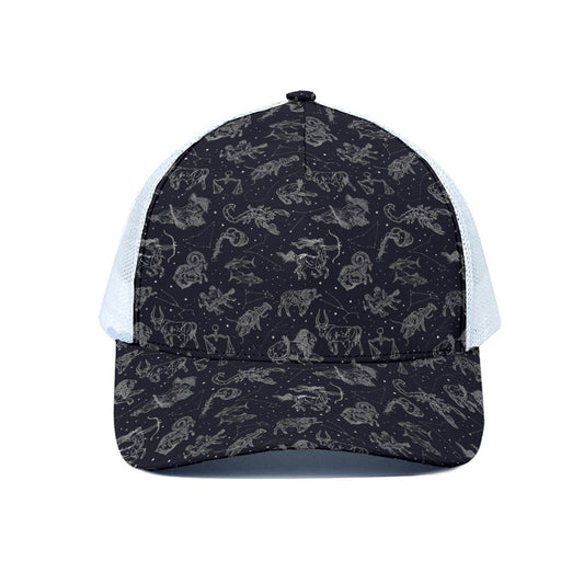 Zodiac Constellation Pattern Print White Mesh Trucker Cap