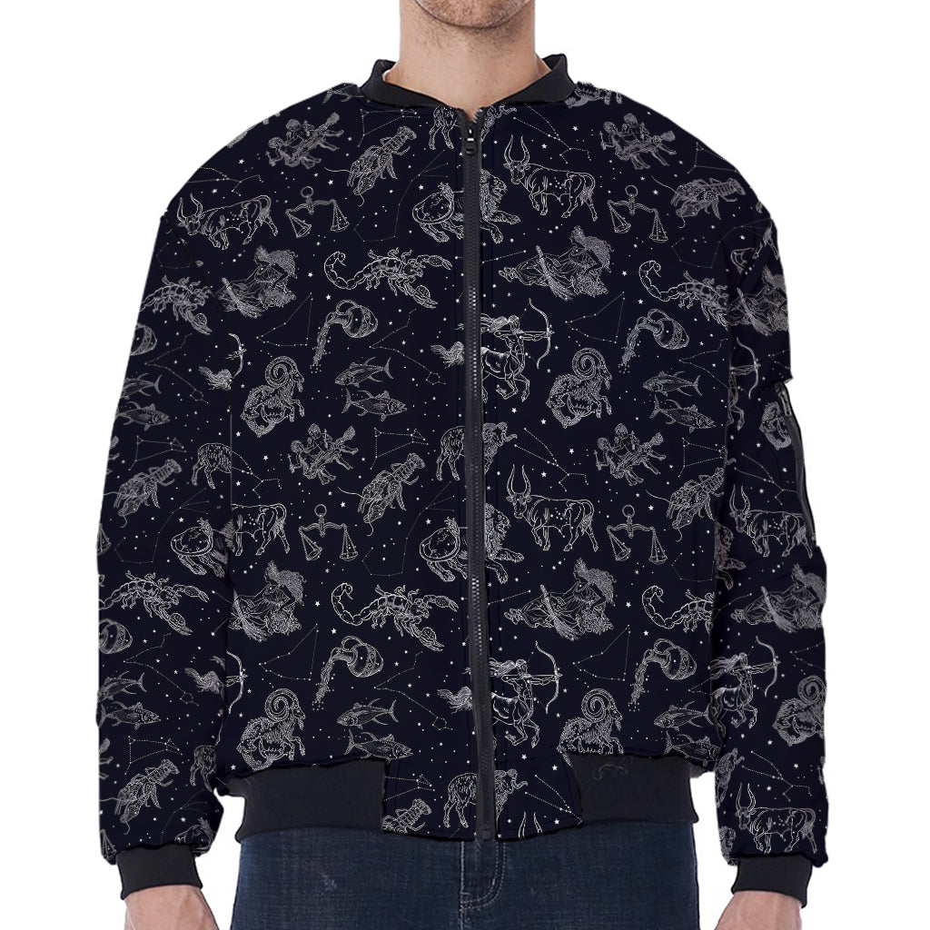 Zodiac Constellation Pattern Print Zip Sleeve Bomber Jacket