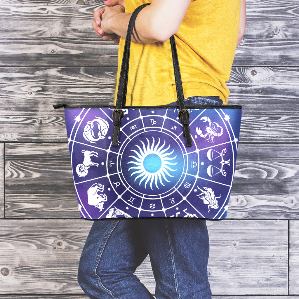 Zodiac Horoscopes Print Leather Tote Bag