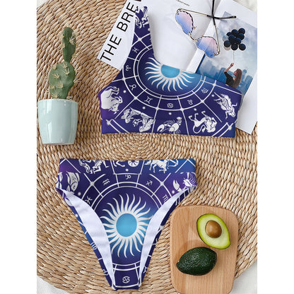 Zodiac Horoscopes Print One Shoulder Bikini Top