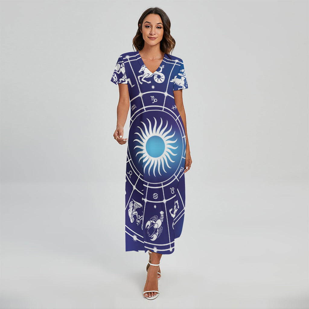 Zodiac Horoscopes Print Short Sleeve Maxi Dress