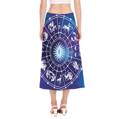 Zodiac Horoscopes Print Side Slit Midi Skirt