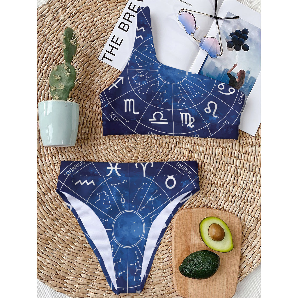 Zodiac Signs Wheel Print One Shoulder Bikini Top