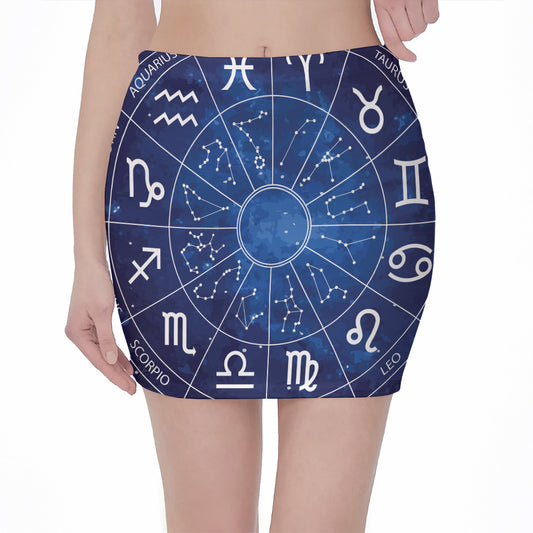 Zodiac Signs Wheel Print Pencil Mini Skirt
