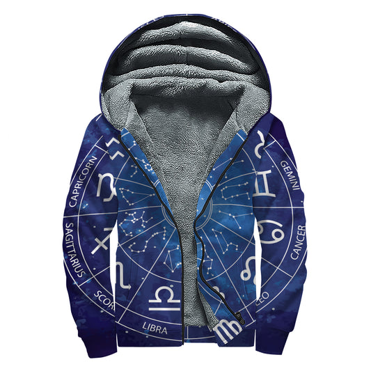 Zodiac Signs Wheel Print Sherpa Lined Zip Up Hoodie