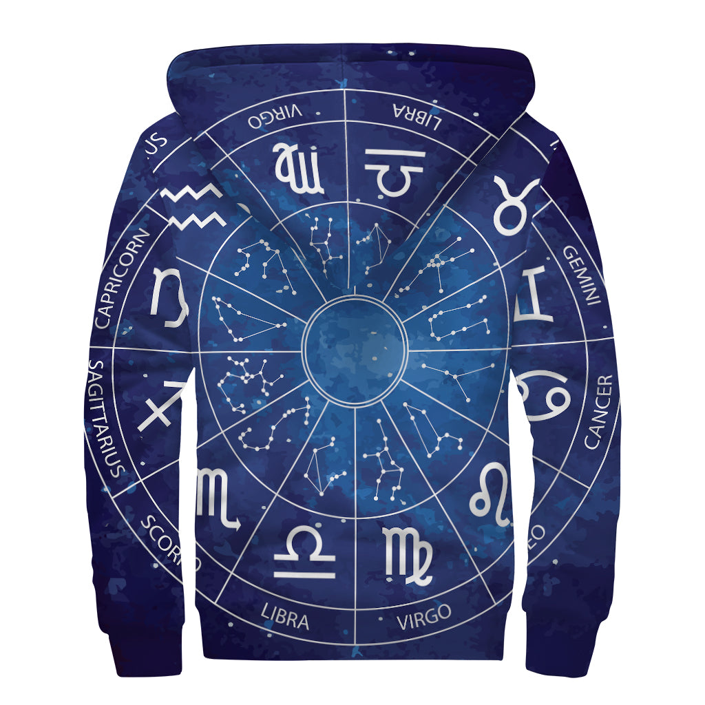 Zodiac Signs Wheel Print Sherpa Lined Zip Up Hoodie
