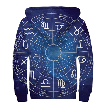 Zodiac Signs Wheel Print Sherpa Lined Zip Up Hoodie