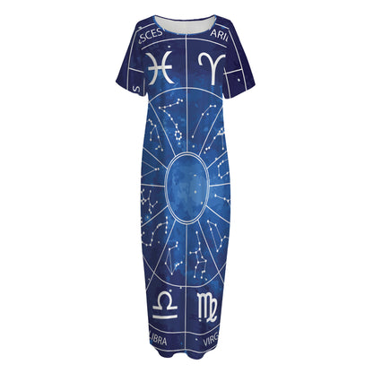 Zodiac Signs Wheel Print Short Sleeve Long Nightdress