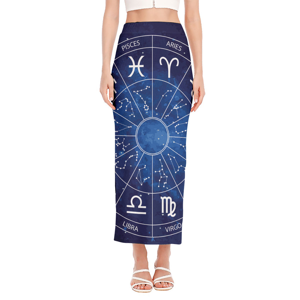 Zodiac Signs Wheel Print Side Slit Maxi Skirt