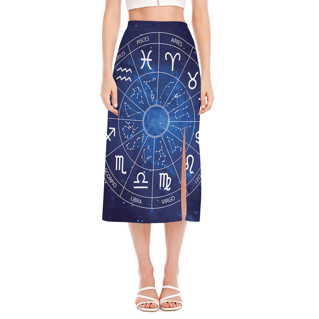 Zodiac Signs Wheel Print Side Slit Midi Skirt