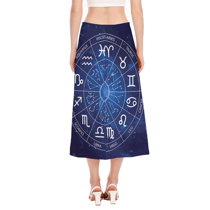 Zodiac Signs Wheel Print Side Slit Midi Skirt