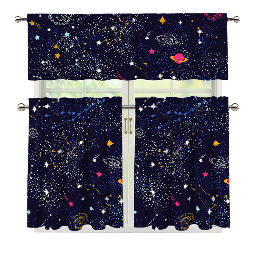 Zodiac Star Signs Galaxy Space Print 3 Piece Kitchen Curtains