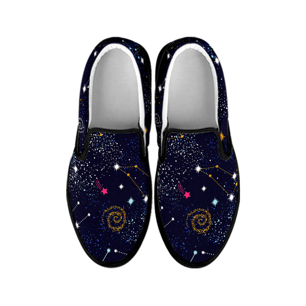 Zodiac Star Signs Galaxy Space Print Black Slip On Sneakers