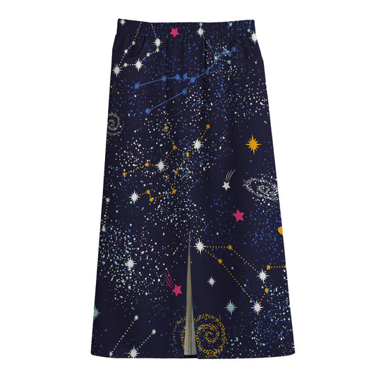 Zodiac Star Signs Galaxy Space Print Cotton Front Slit Maxi Skirt