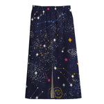 Zodiac Star Signs Galaxy Space Print Cotton Front Slit Maxi Skirt
