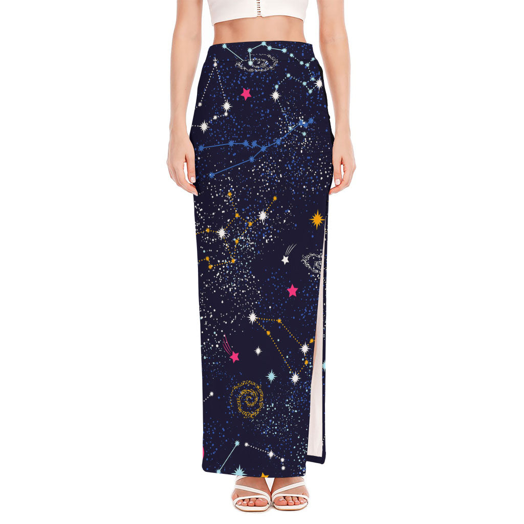 Zodiac Star Signs Galaxy Space Print High Slit Maxi Skirt