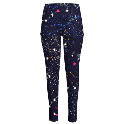Zodiac Star Signs Galaxy Space Print High-Waisted Pocket Leggings