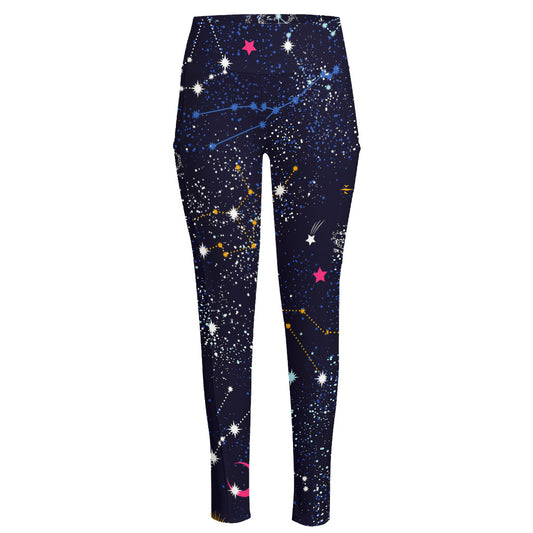Zodiac Star Signs Galaxy Space Print High-Waisted Pocket Leggings