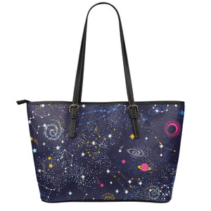Zodiac Star Signs Galaxy Space Print Leather Tote Bag