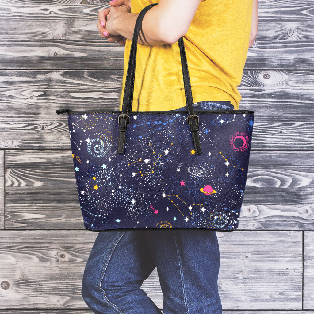 Zodiac Star Signs Galaxy Space Print Leather Tote Bag