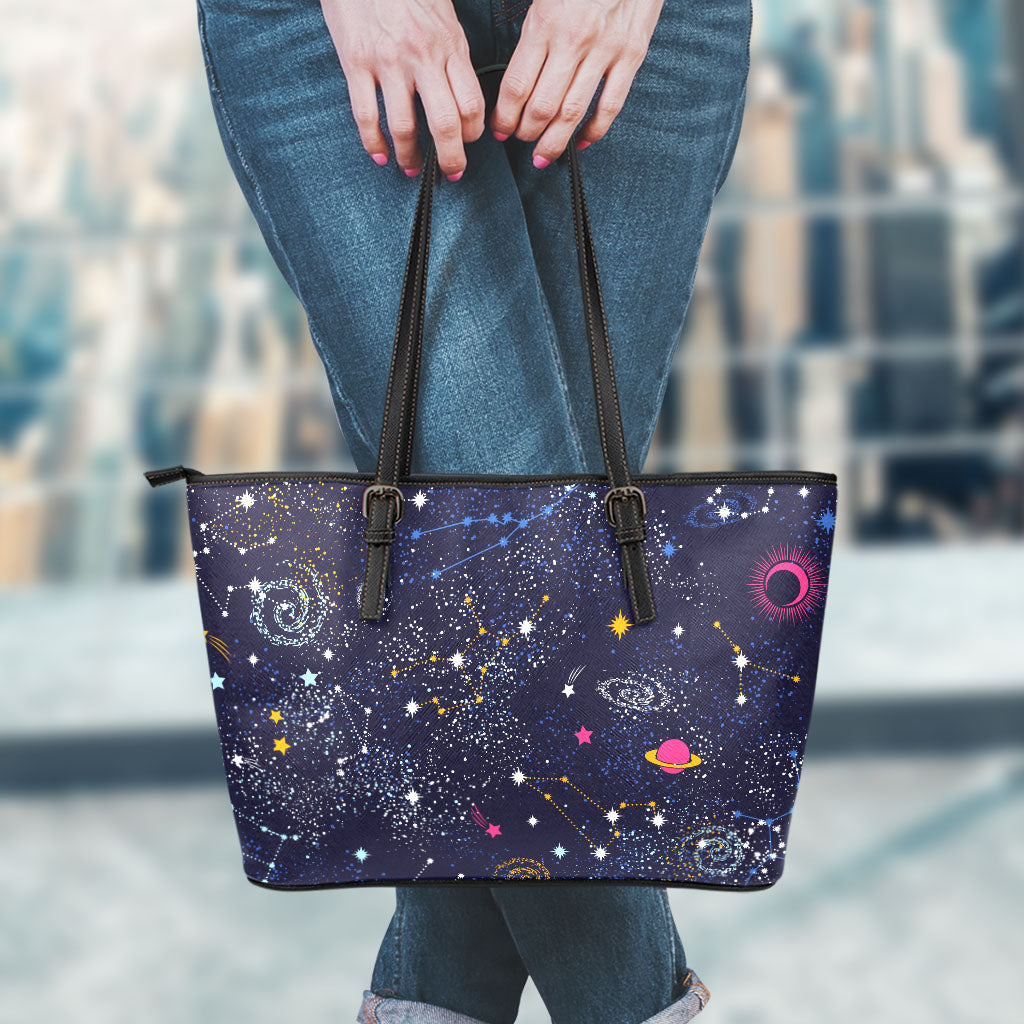 Zodiac Star Signs Galaxy Space Print Leather Tote Bag