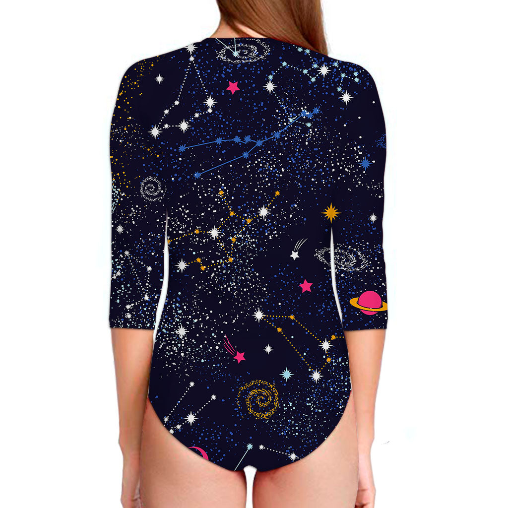 Zodiac Star Signs Galaxy Space Print Long Sleeve Swimsuit