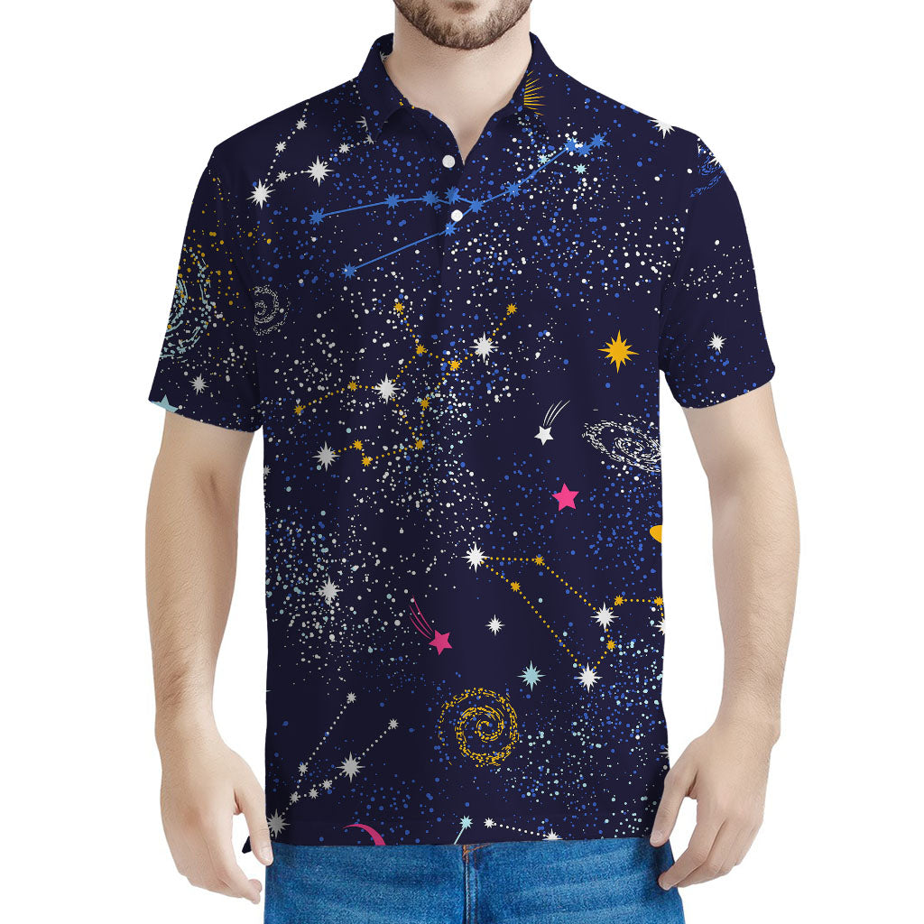 Zodiac Star Signs Galaxy Space Print Men's Polo Shirt