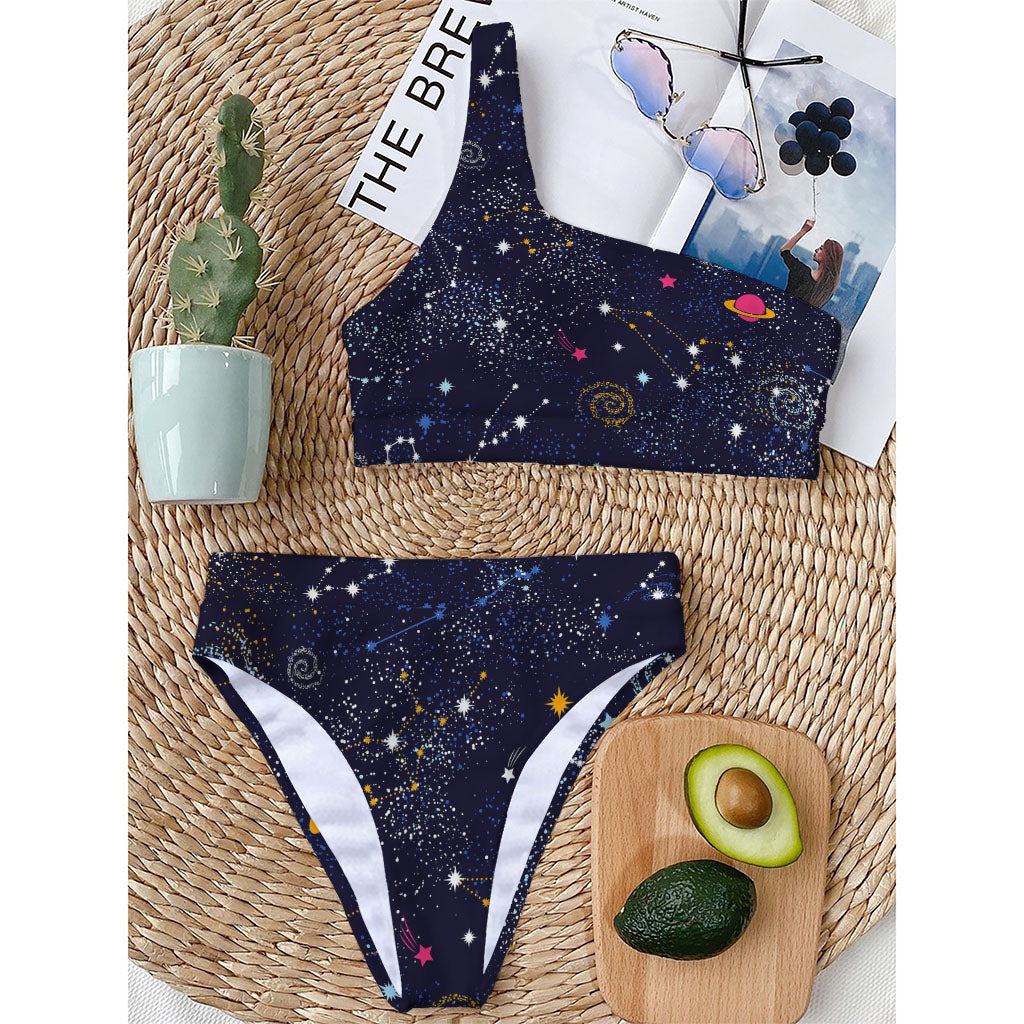 Zodiac Star Signs Galaxy Space Print One Shoulder Bikini Top