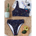 Zodiac Star Signs Galaxy Space Print One Shoulder Bikini Top