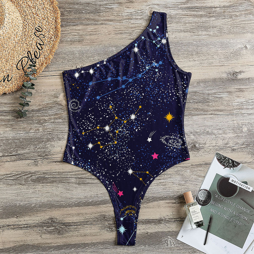 Zodiac Star Signs Galaxy Space Print One Shoulder Bodysuit