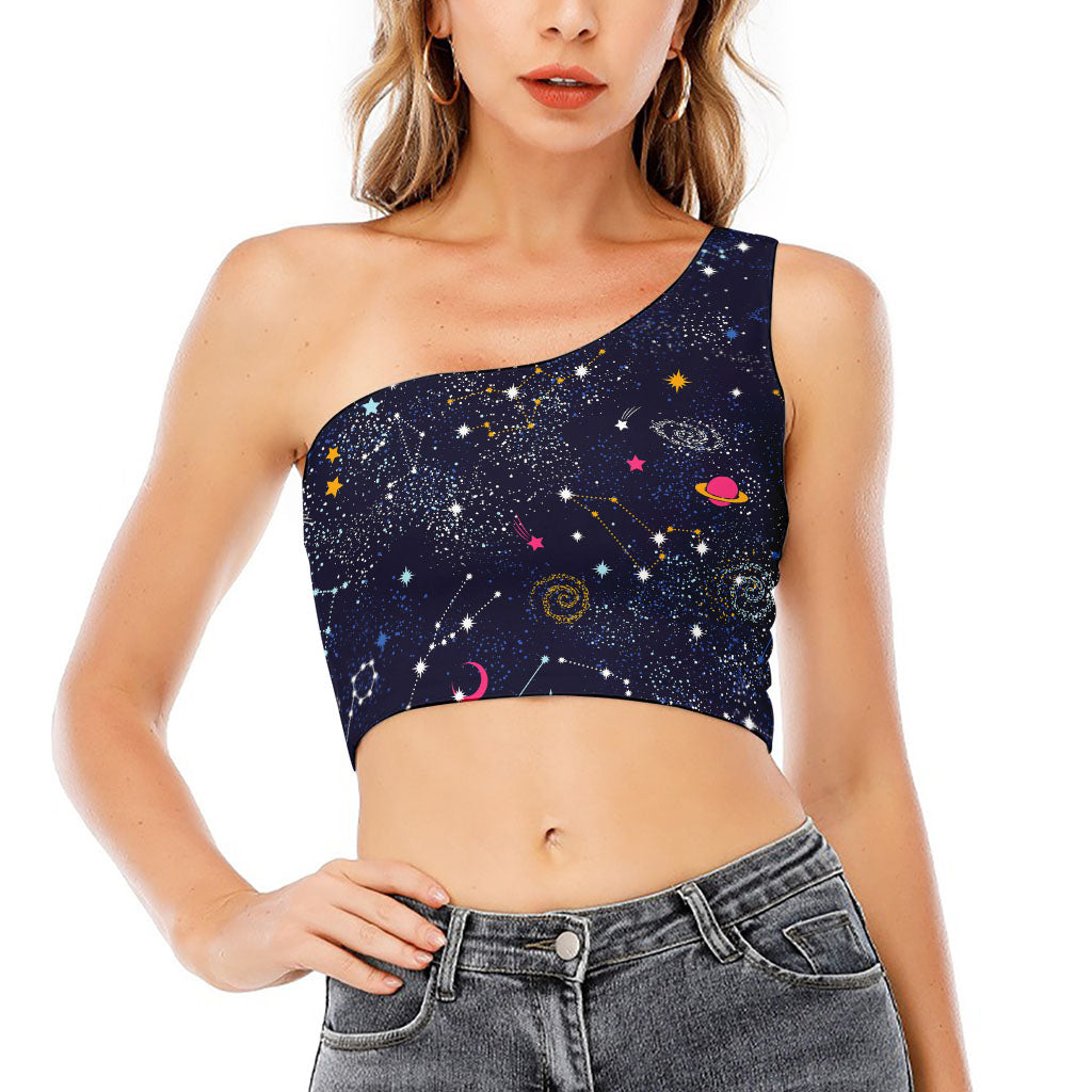 Zodiac Star Signs Galaxy Space Print One Shoulder Crop Top