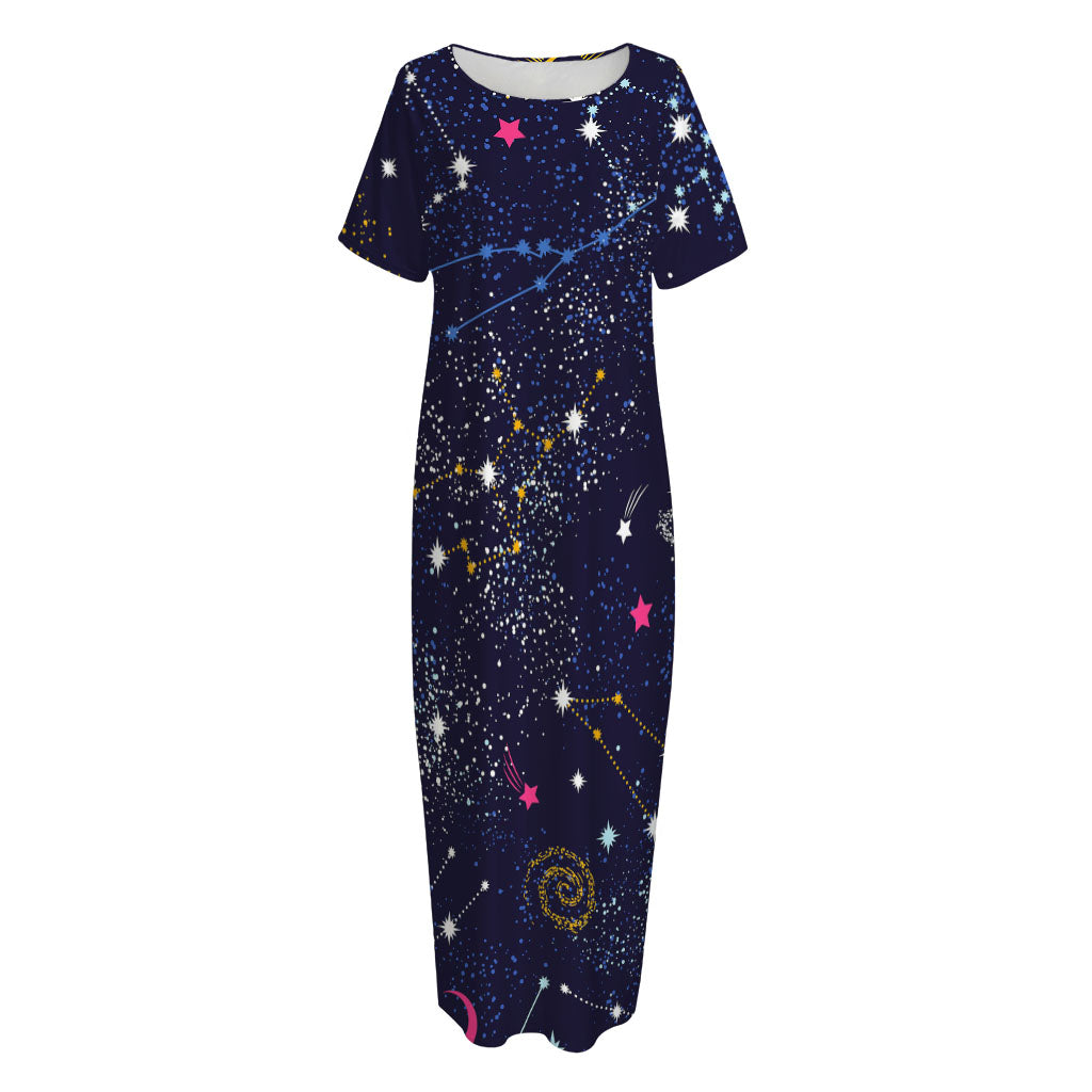Zodiac Star Signs Galaxy Space Print Short Sleeve Long Nightdress