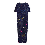 Zodiac Star Signs Galaxy Space Print Short Sleeve Long Nightdress