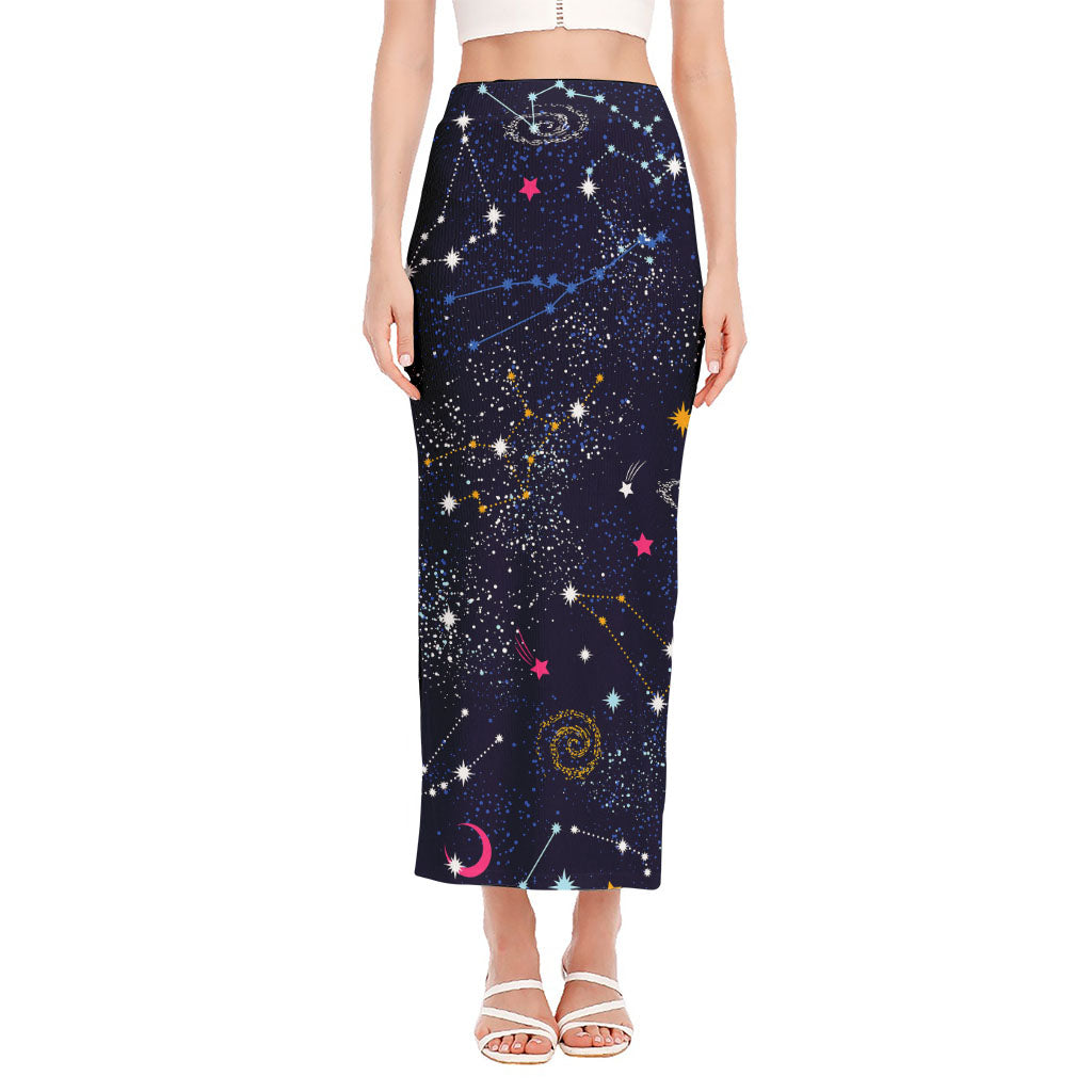 Zodiac Star Signs Galaxy Space Print Side Slit Maxi Skirt
