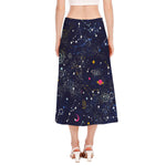 Zodiac Star Signs Galaxy Space Print Side Slit Midi Skirt