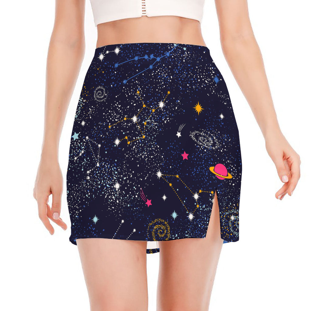 Zodiac Star Signs Galaxy Space Print Side Slit Mini Skirt