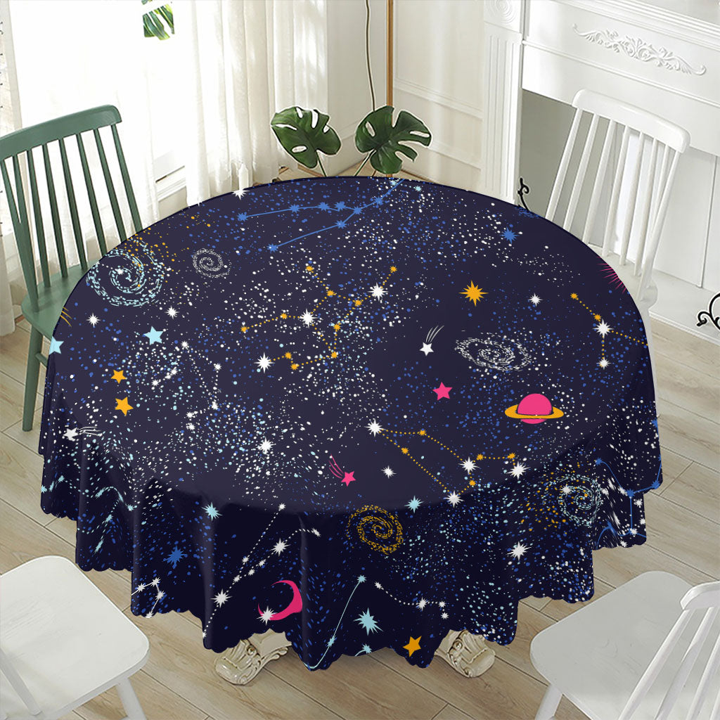 Zodiac Star Signs Galaxy Space Print Waterproof Round Tablecloth