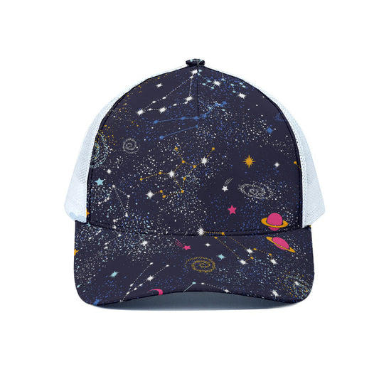 Zodiac Star Signs Galaxy Space Print White Mesh Trucker Cap