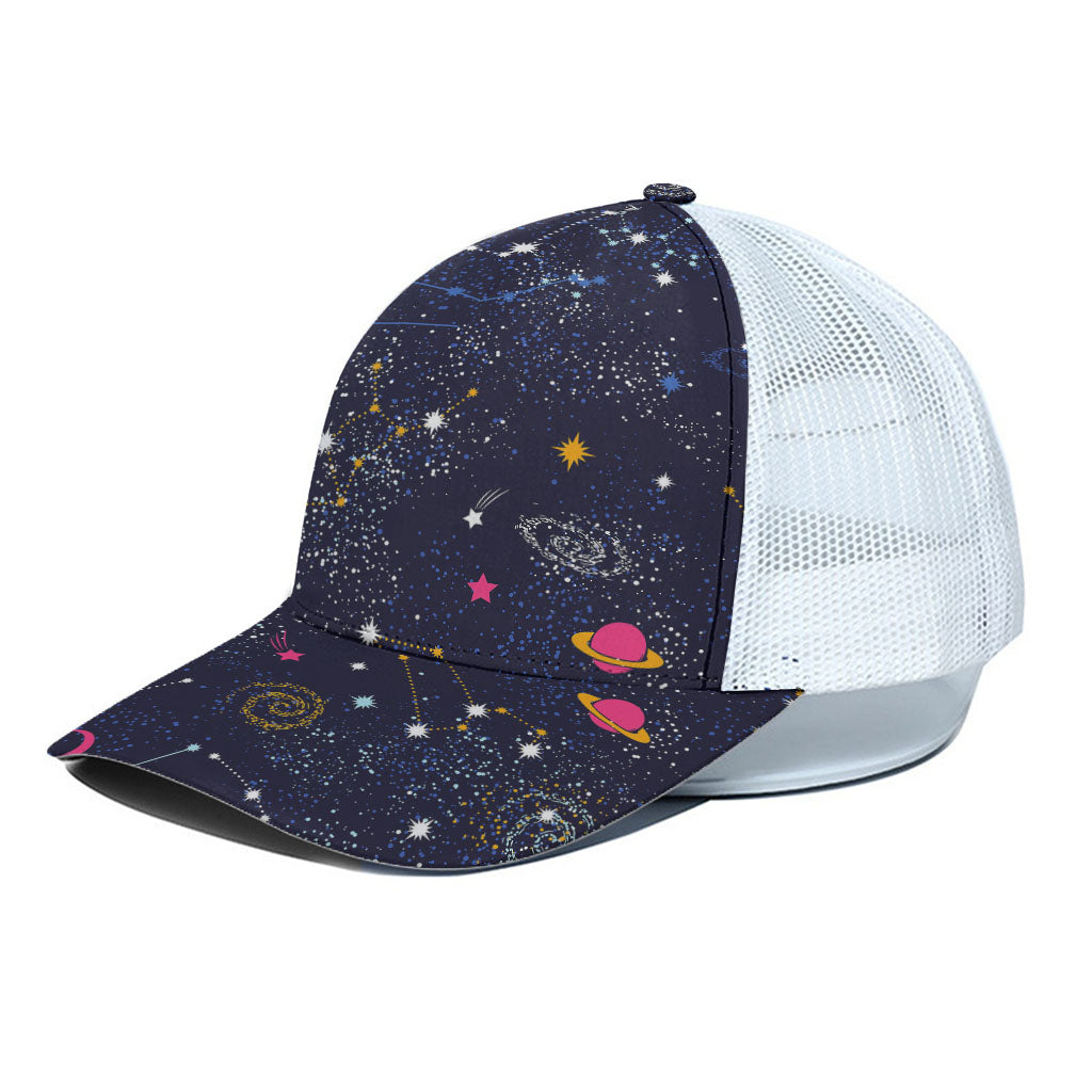 Zodiac Star Signs Galaxy Space Print White Mesh Trucker Cap