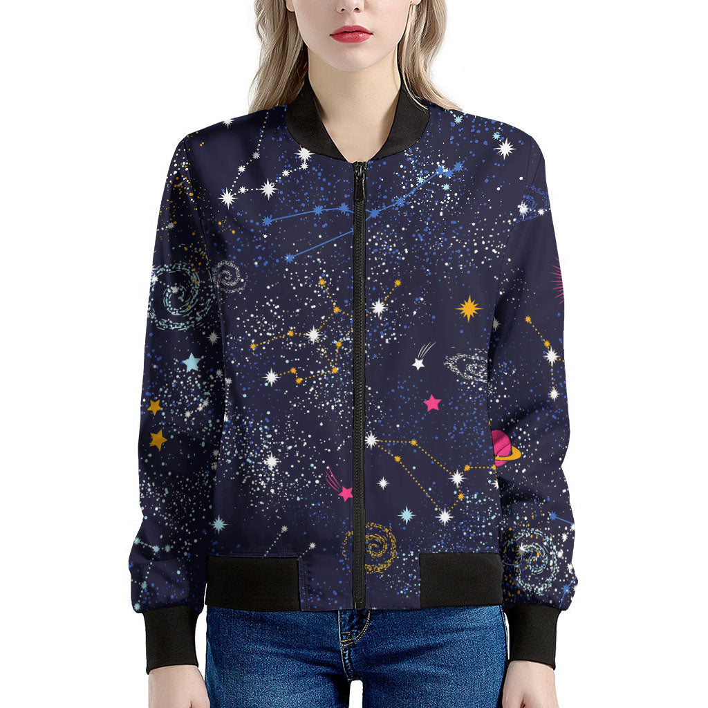 Zodiac Star Signs Galaxy Space Print Women's Bomber Jacket