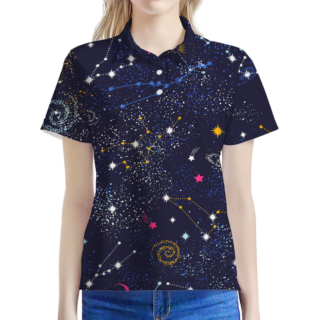 Zodiac Star Signs Galaxy Space Print Women's Polo Shirt