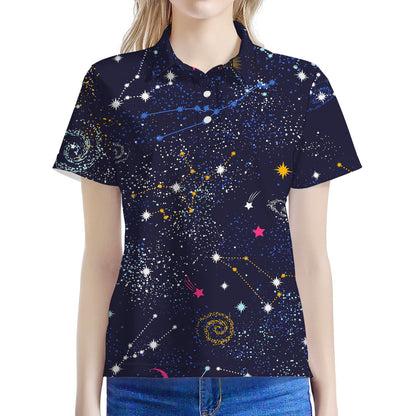 Zodiac Star Signs Galaxy Space Print Women's Polo Shirt