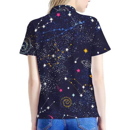 Zodiac Star Signs Galaxy Space Print Women's Polo Shirt